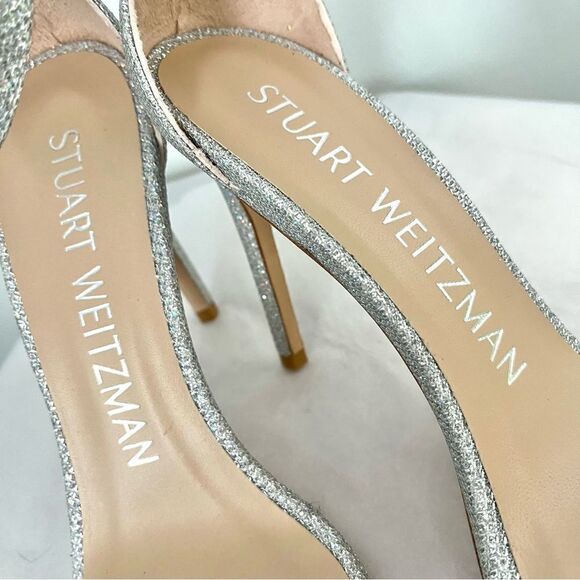 Stuart Weitzman's Nudistcurve Shimmery Ankle Strap Sandals Silver Size 6.5B NIB - Picture 9 of 14
